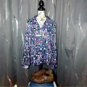 New Vintage Blair Multicolored Button Up Long Sleeve Collared Shirt Womens XL